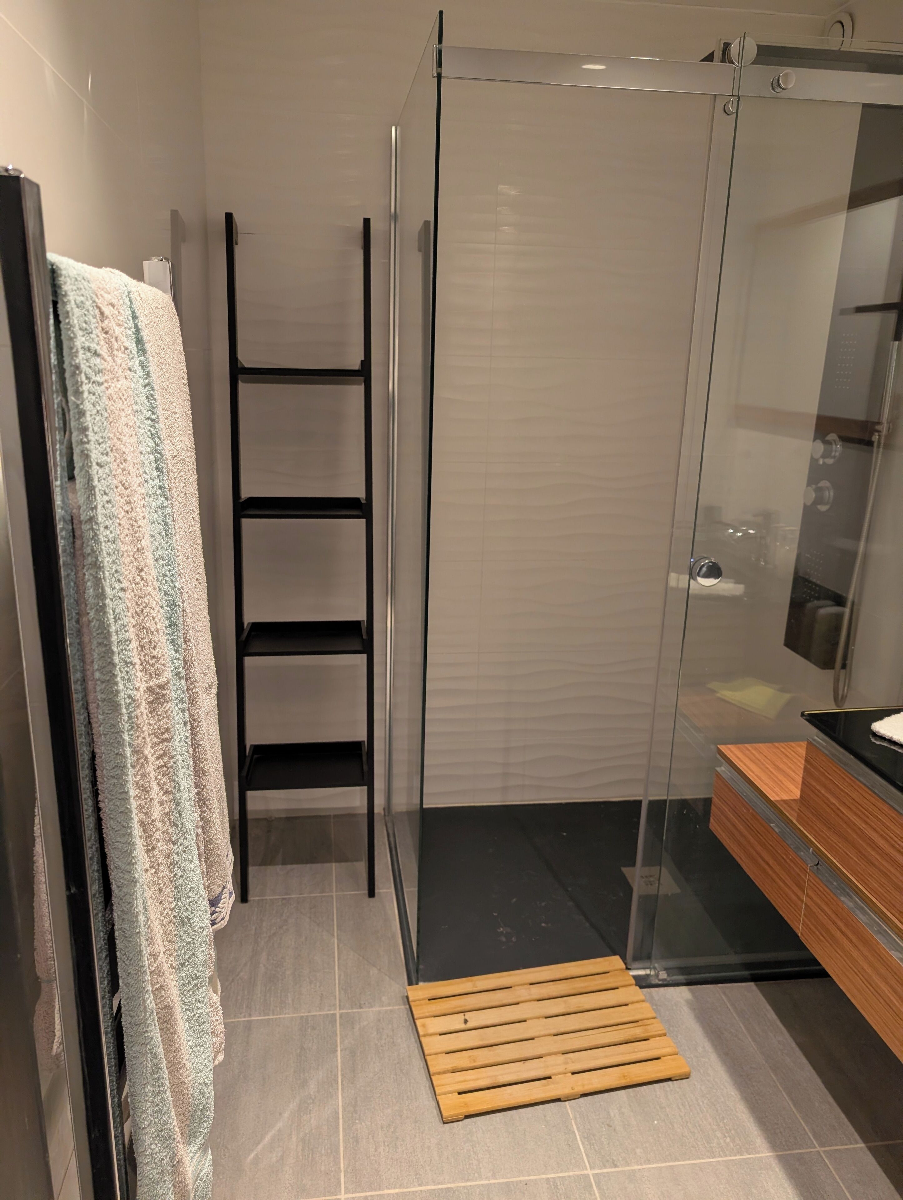 Hair dryer, towels, soap, toilet paper