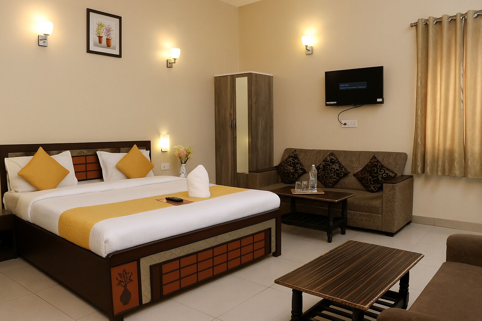 A hotel room with a bed, a sofa, a TV, and a table.