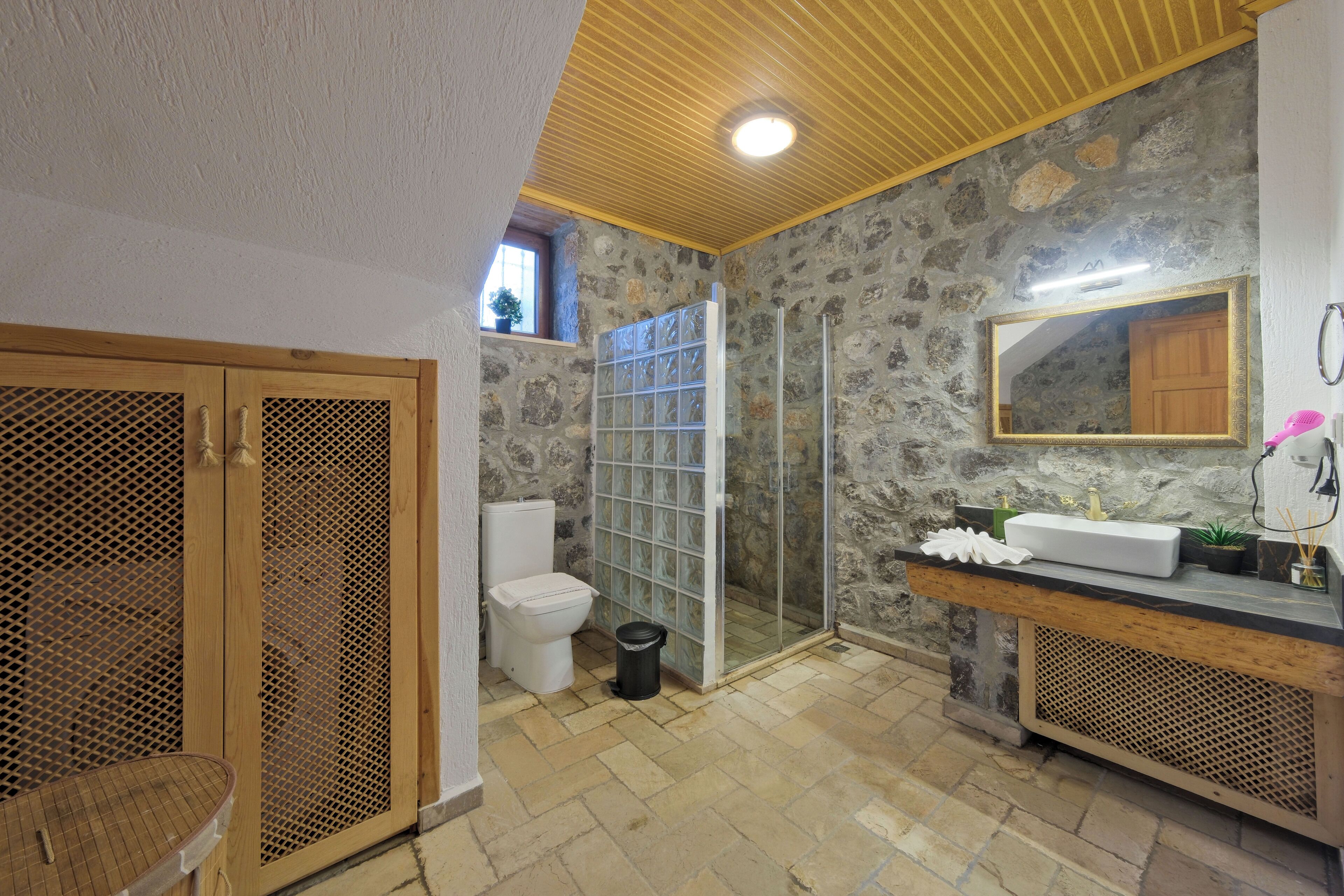 Hair dryer, towels, soap, toilet paper