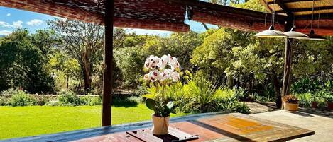 Une table en bois ornée d’une orchidée en pot, un ventilateur de plafond et une vue sur un jardin luxuriant.