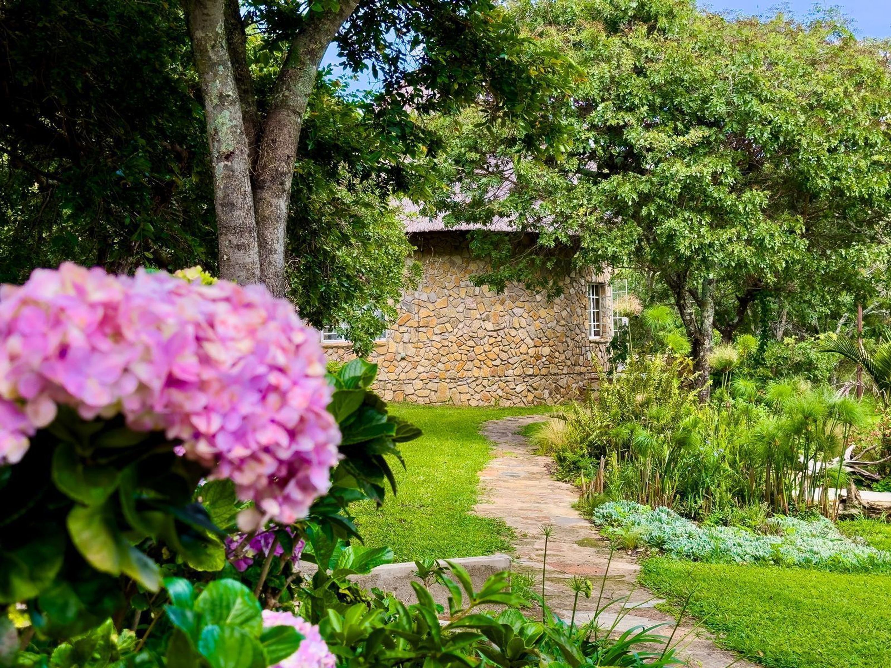 A stone building with a thatched roof, surrounded by lush greenery and a stone pathway.