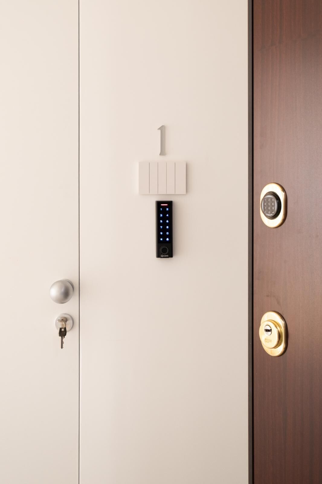 A door with a key lock, a keyhole, and a digital keypad.