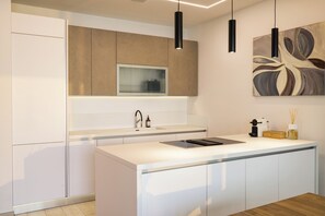 Luxury Condo, Lake View | Private kitchen | Full-sized fridge, microwave, oven, stovetop