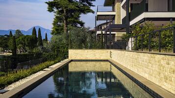 Seasonal outdoor pool, pool loungers