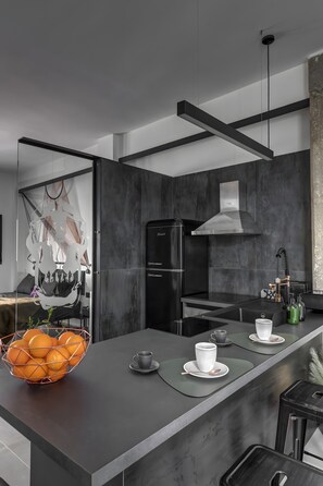 Fridge, oven, stovetop, coffee/tea maker - Apartment 'Nirvana Loft Gallery' with Sea View, Wi-Fi and Air Conditioning (Ermoupoli)