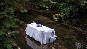 Une table installée au bord d’un ruisseau, dans une zone boisée.