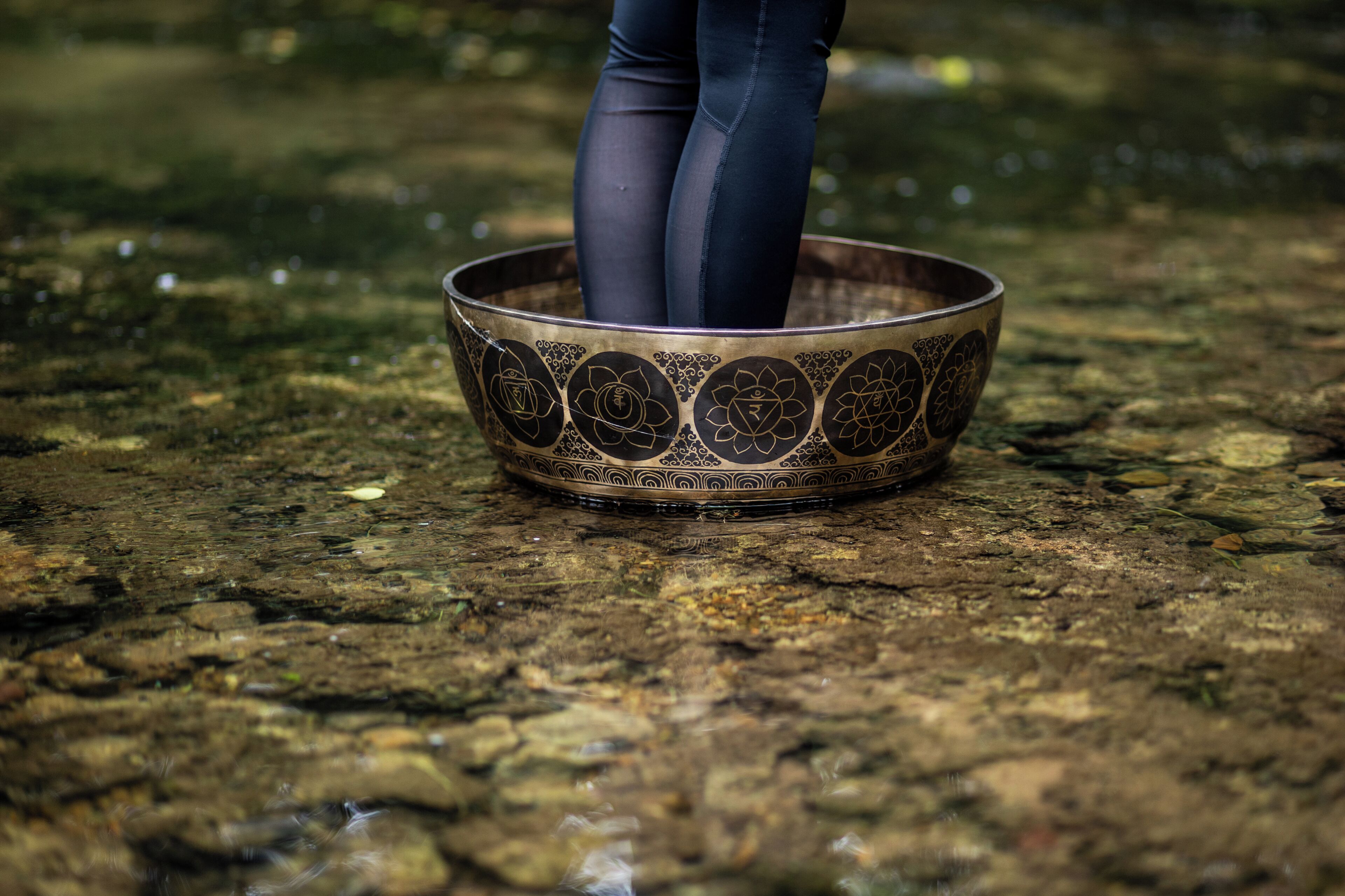 A large, ornate bowl on a rocky surface.