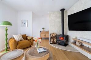 TV, fireplace, books, stereo
