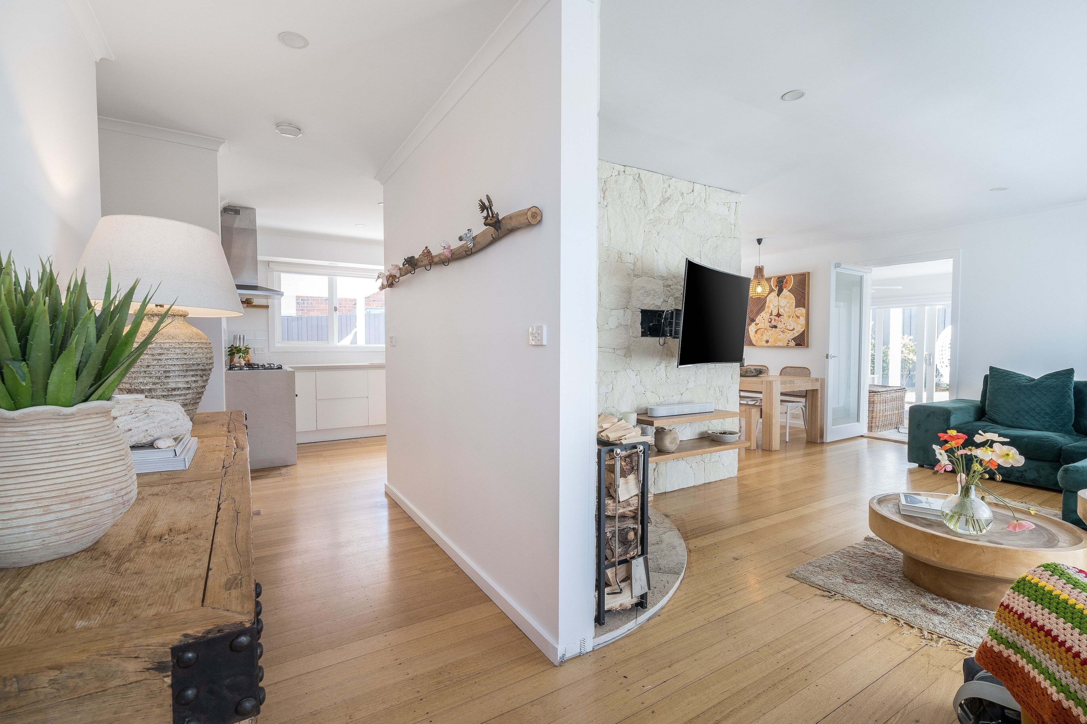 TV, fireplace, books, stereo