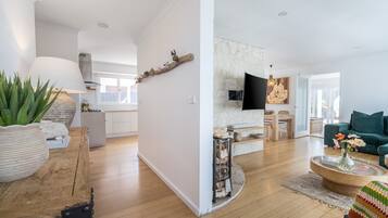 TV, fireplace, books, stereo