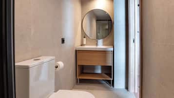 A modern bathroom with a toilet, sink, and mirror.