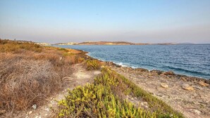 Un sendero costero que lleva al mar, con terreno rocoso y vegetación escasa.