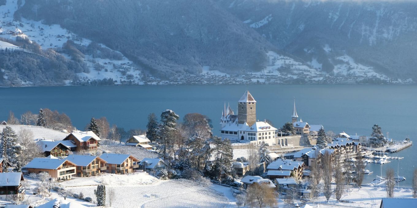 Une ville historique, dominée par un château imposant, entourée de bâtiments enneigés et bordée d’un lac.
