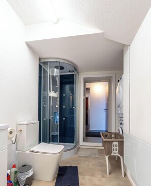 Shower, hair dryer, towels