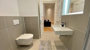 Regadera, toallas, jabón, papel de baño