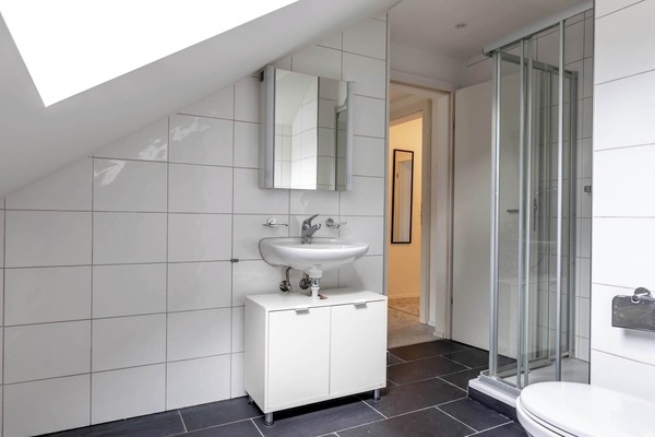 Modern bathroom with shower, sink, and fresh towels