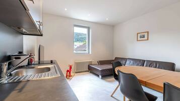 Kühlschrank, Ofen, Herdplatte, Wasserkocher mit Kaffee-/Teezubehör