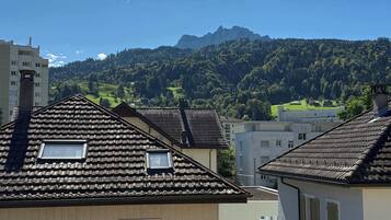 A residential area with terraced houses, a mountain in the background, and a clear sky.