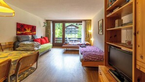 Ein gemütliches Zimmer mit einer Couch, einem Bett, einem Fernseher und einem Bücherregal.