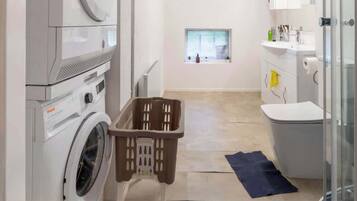 Shower, hair dryer, towels