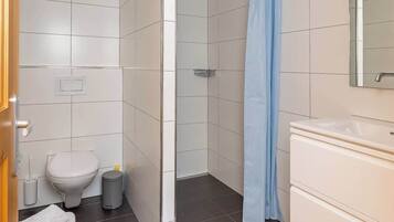 Shower, free toiletries, hair dryer, towels