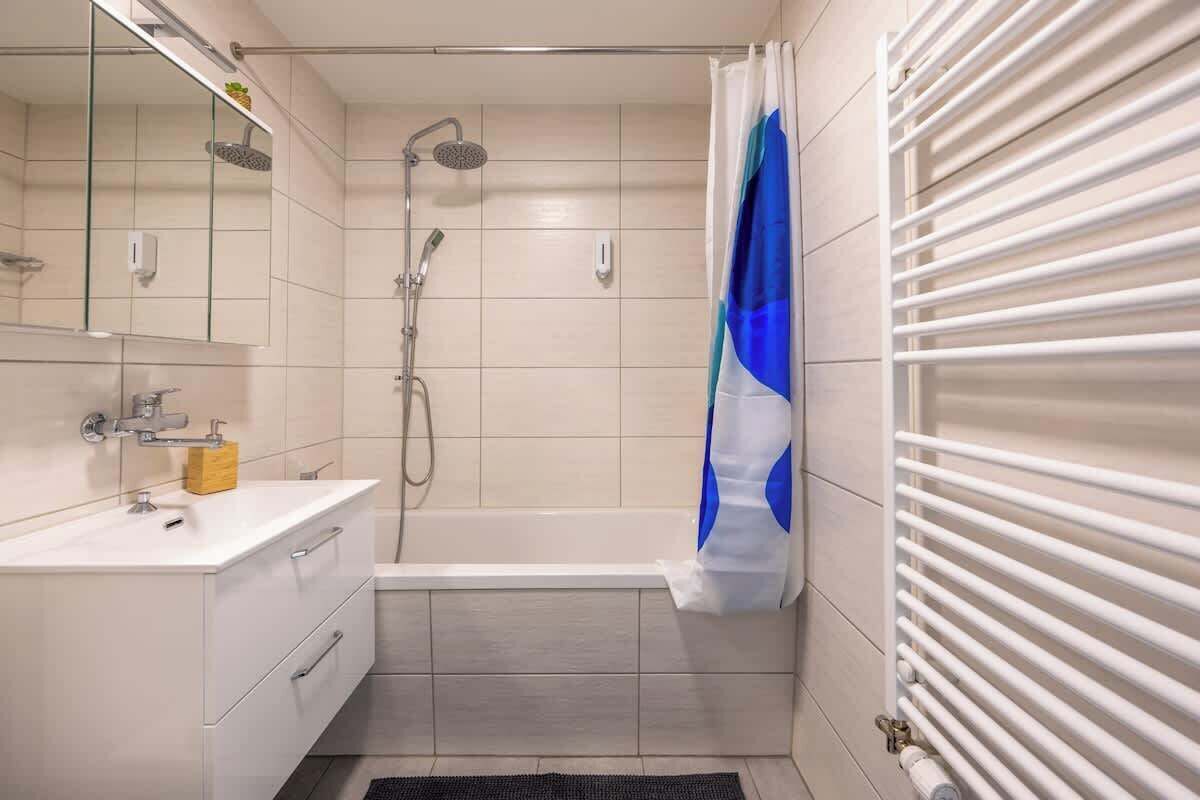 Chuveiro, secador de cabelo, toalhas de banho 