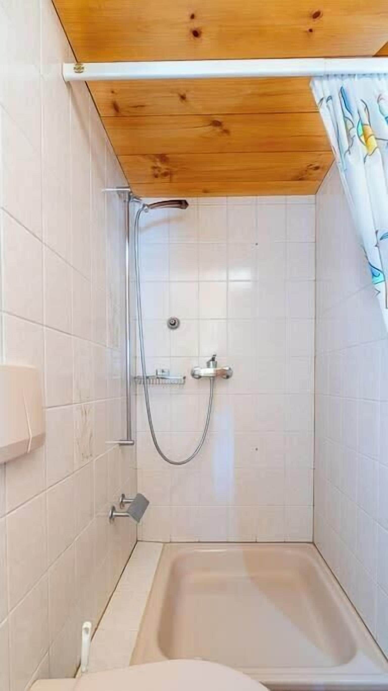 Douche, sèche-cheveux, serviettes fournies, shampoing