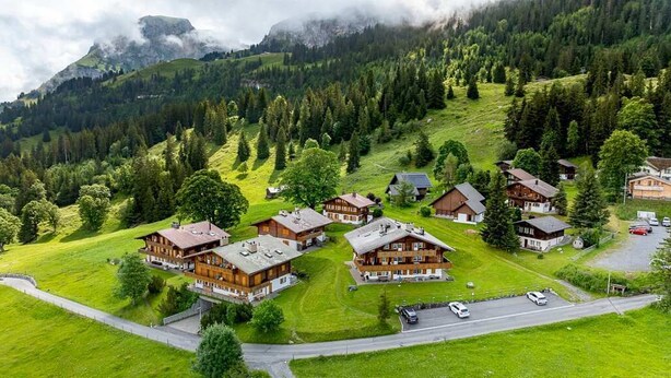 A cluster of traditional wooden houses with sloped roofs, surrounded by lush green fields and dense forests, set against a backdrop of mountains. - Lake and Mountain View Chalet,Fireplace and Garden (Axalp)