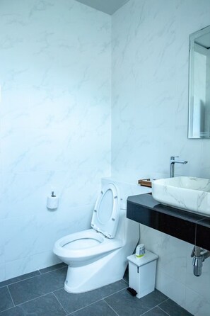 A modern bathroom with a toilet, sink, and mirror. - DANUP VILLA (Ko Pha-ngan)
