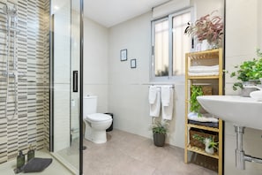 Shower, hair dryer, towels - Apartment 'Ático Centro Vistas Alhambra' with Balcony, Wi-Fi and Air Conditioning (Granada)