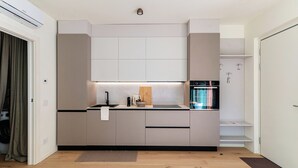 Eine moderne Küche mit Einbauofen, Spüle und Arbeitsplatte, auf der sich eine Pflanze und ein Wasserkocher befinden.