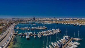 An aerial view of a marina with numerous boats docked, a clear blue sky, and a cityscape in the background. - Central 2BR Home in Pieta`s Heart w/Wifi & AC ! (Pietà)