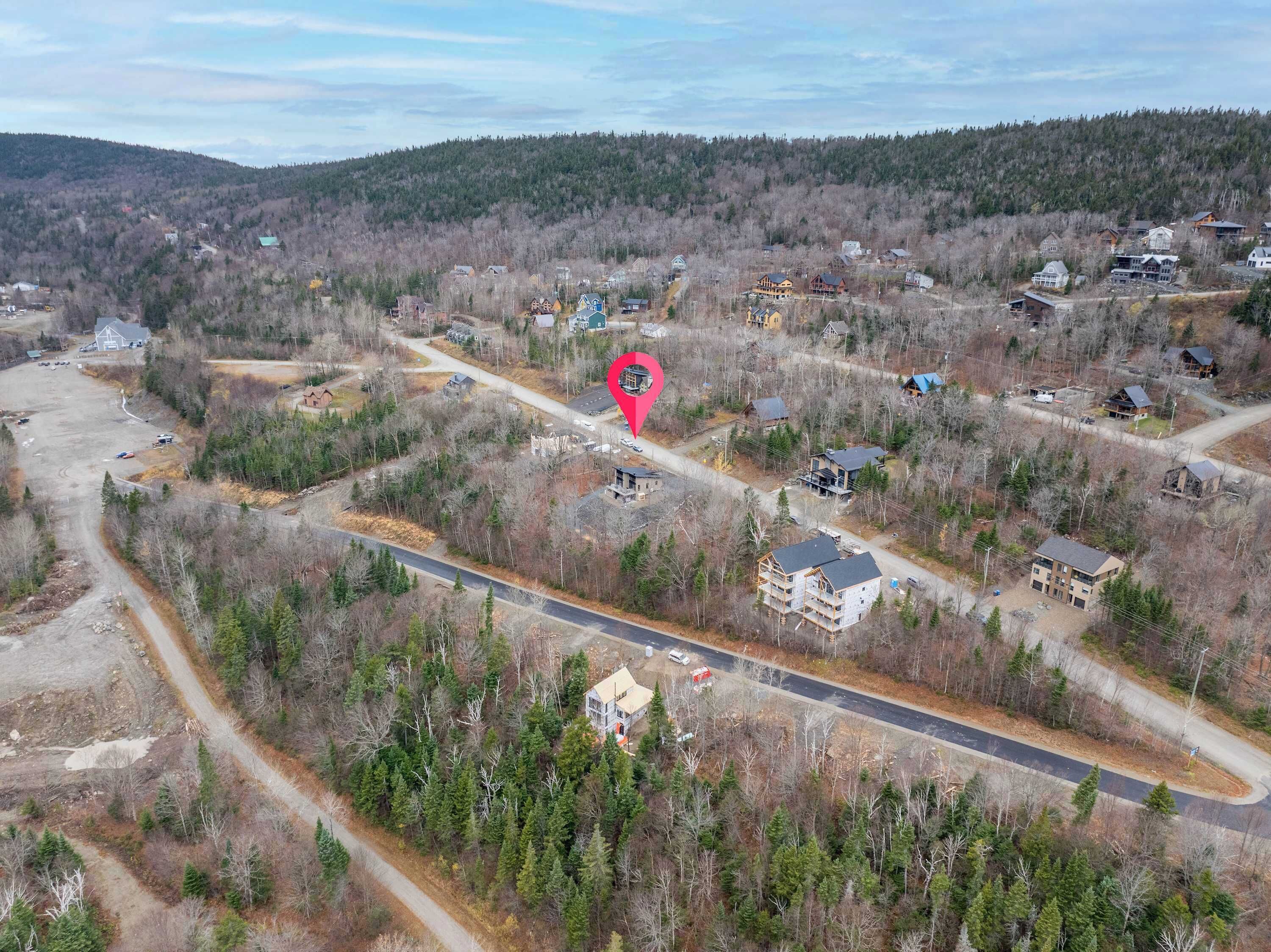 An aerial view of a residential area with houses, roads, and a forested hill in the background.