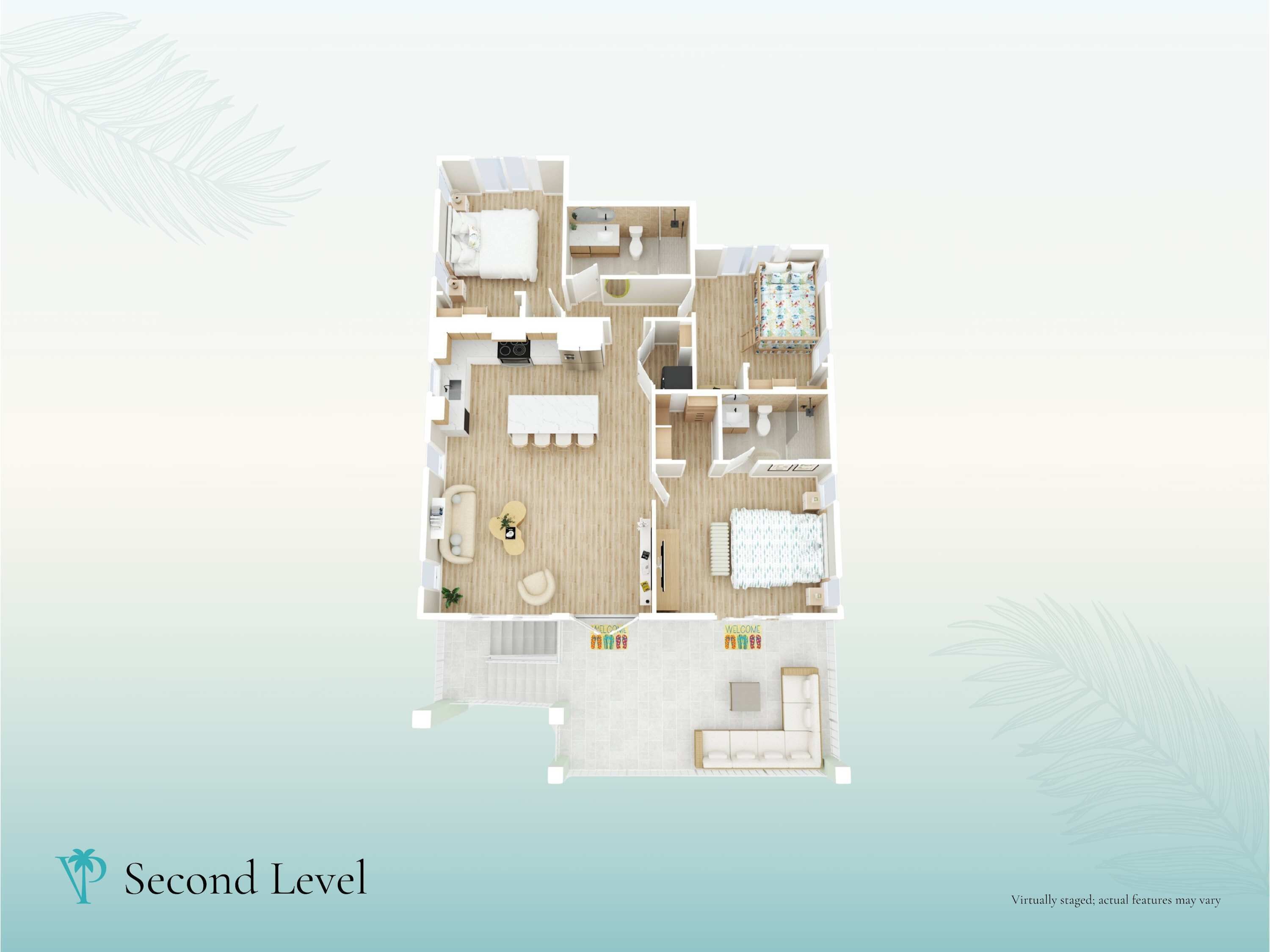 A 2nd level floor plan of a hotel room with a kitchen, dining area, and a living room.