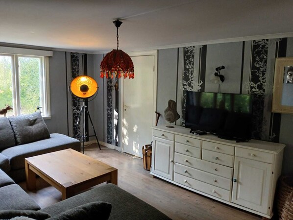 En stue med en sofa, et sofabord, et fjernsyn på et skab og en lampe.