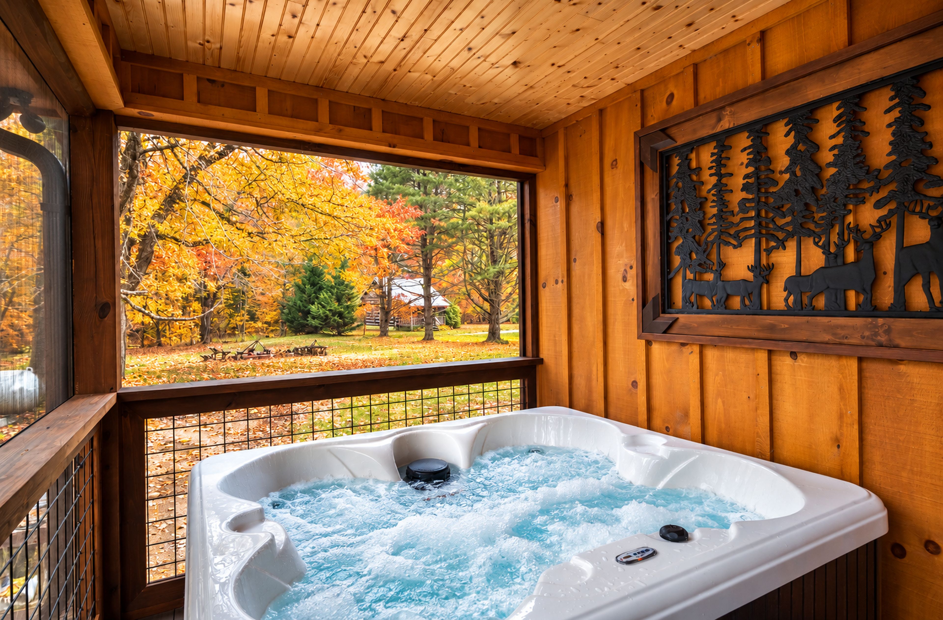 A wooden cabin with a hot tub, a window with a view of autumn trees, and a wall decoration of forest animals.