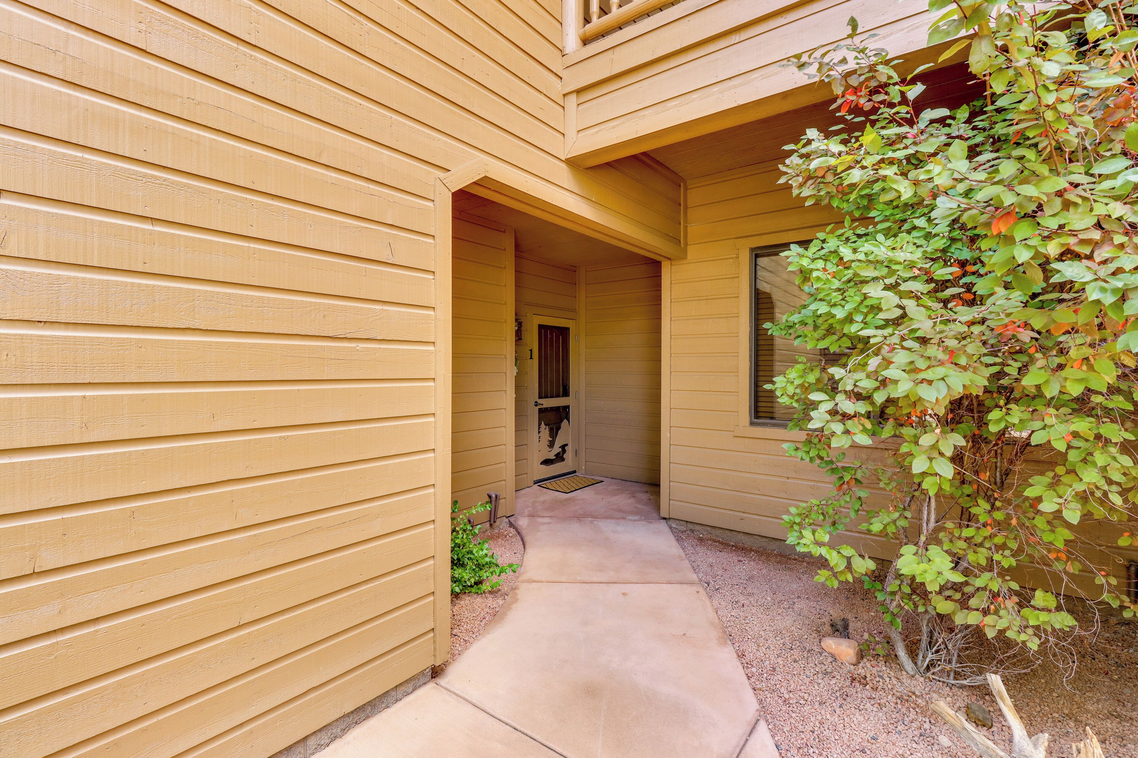 A narrow concrete pathway leading to a wooden building with a small tree and shrubbery on the right.