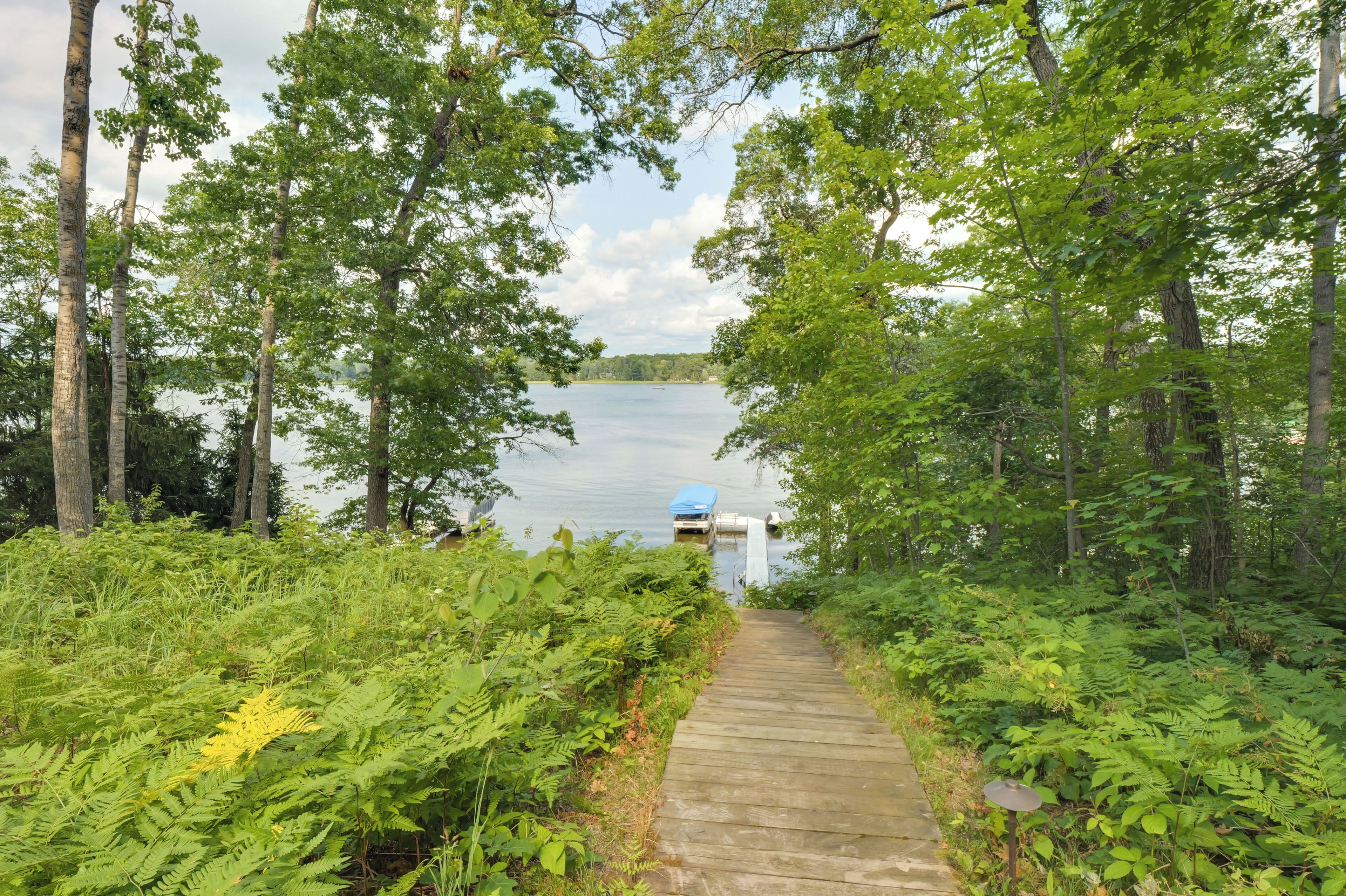 A wooden pathway leading to a body of water, surrounded by dense green foliage.