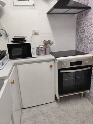 Frigorífico, microondas, horno y placa de cocina