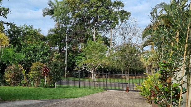 A gravel driveway leading to a gated entrance with a metal fence, surrounded by lush greenery and trees. - Seaestaatmoffatquietbeachparklargefenced Yard (Sunshine Coast)