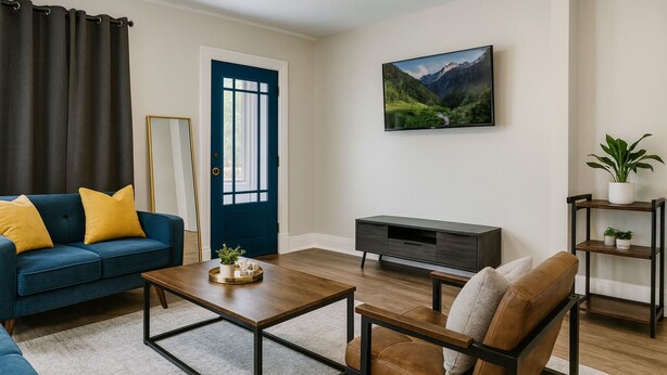 Ein Wohnzimmer mit einem blauen Sofa, einem Couchtisch, einem braunen Sessel, einem Fernseher, einem Bücherregal und einer Tür mit blauem Rahmen.