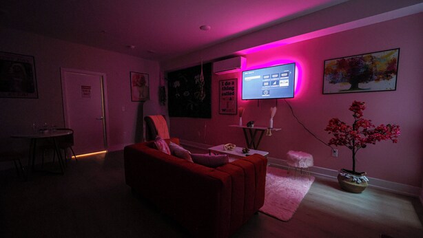 Ein Wohnzimmer mit einem roten Sofa, einem kleinen weißen Tisch, einem pinkfarbenen Teppich und einer Topfpflanze.
