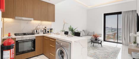 Fridge, microwave, oven, stovetop