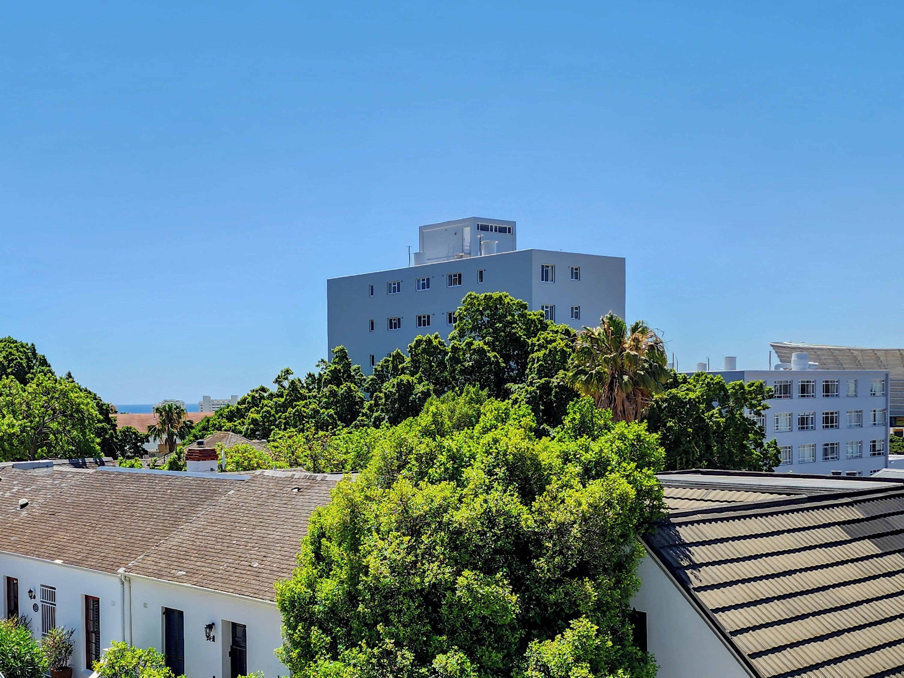 A modern building with a flat roof, surrounded by lush green trees and a clear blue sky.