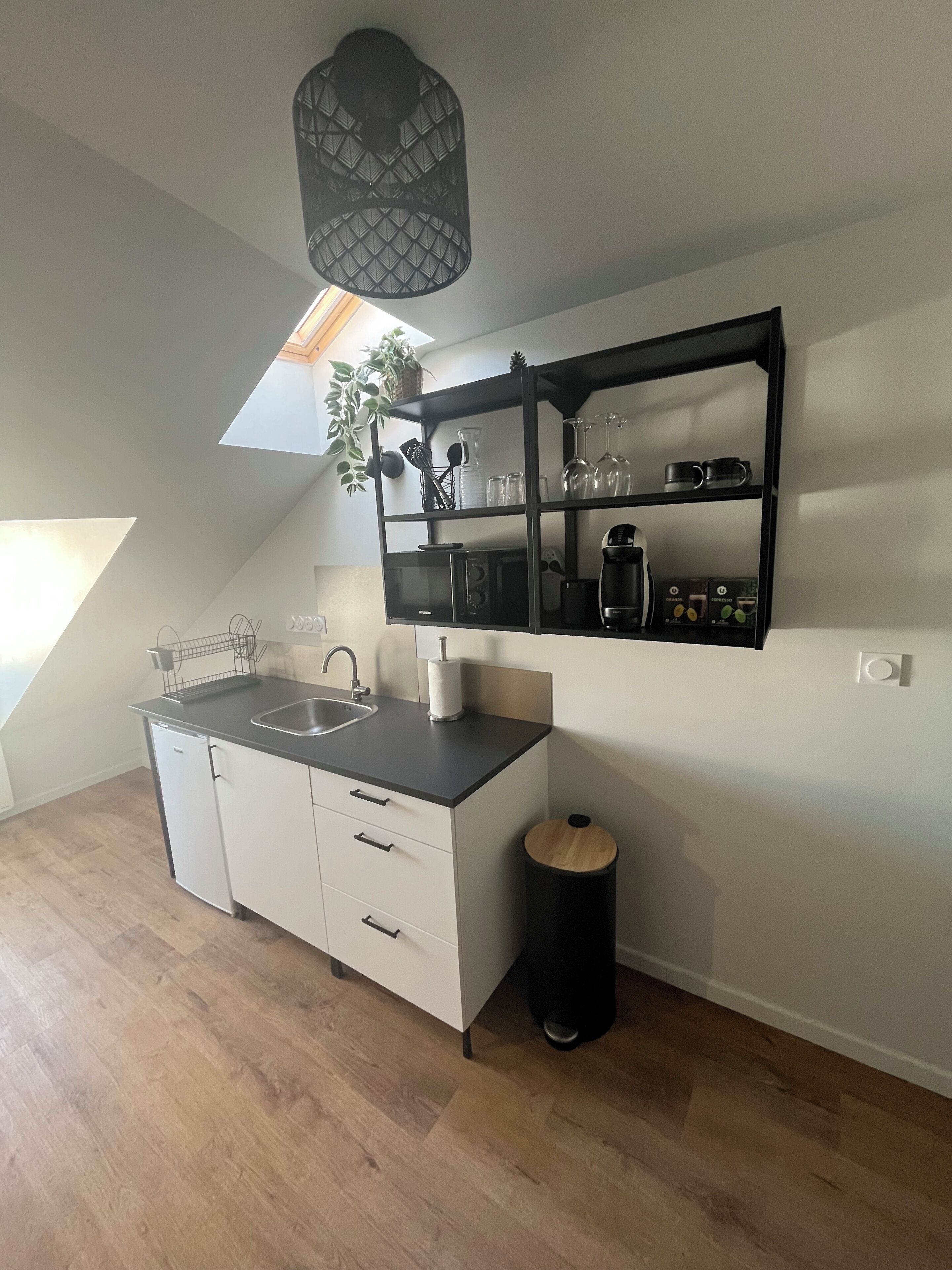 Kühlschrank, Mikrowelle, Herdplatte, Wasserkocher mit Kaffee-/Teezubehör