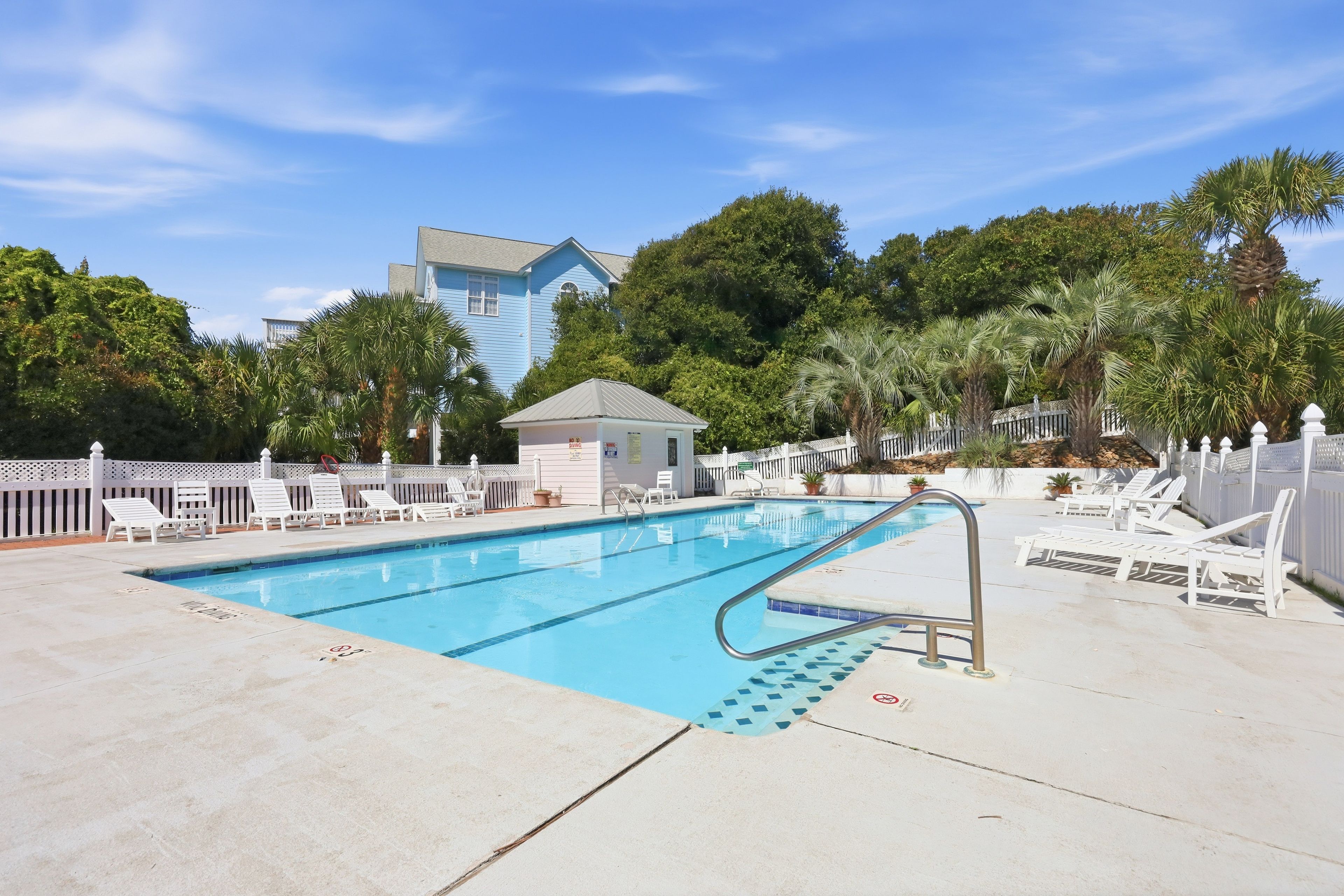 A swimming pool with a diving board, surrounded by palm trees and a white fence.
