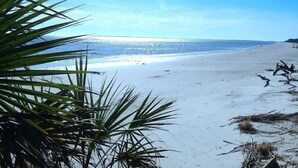 Ein Strand mit blauem Himmel und ruhigem Wasser.