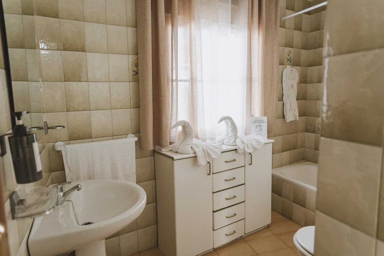 Bathtub, hair dryer, towels, soap