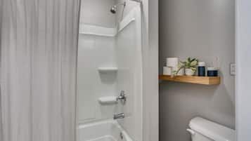 Hair dryer, towels, soap, shampoo