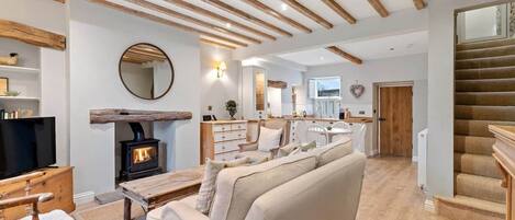 TV connectée, cheminée, livres